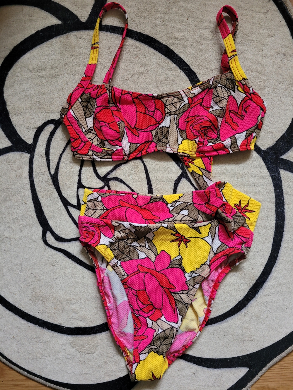 Womens Vintage Pink & Yellow Floral One-Piece Swimsuit